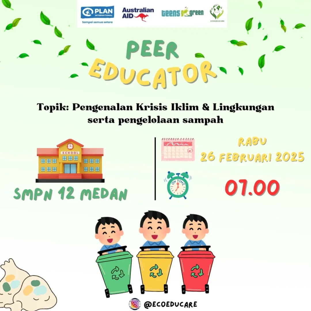 Halo Eco Warriors 💚!!

Ecoeducare Berkolaborasi bersama Planindonesia & Teensgogreen.id mengadakan Peer Educator di SMPN 12 Medan. Mari bersama-sama melawan perubahan iklim, melestarikan lingkungan, dan melakukan pegelolaan sampah dengan baik dan tepat.

Bersama Ecoeducare, Bumi Sehat Hijaukan Dunia 🏡