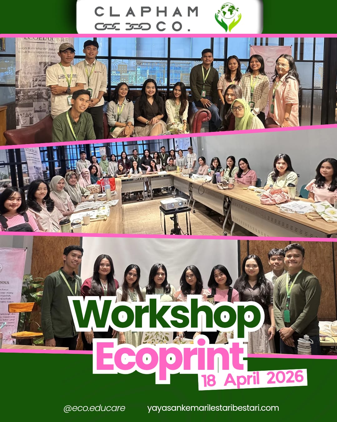JEJAK ALAM ECOPRINT 🌿✨
successfully wrapped!

Terima kasih untuk semua yang sudah hadir dan ikut merasakan “healing produktif” bareng kami. Dari dedaunan sederhana, kita belajar bahwa alam selalu punya cara untuk menciptakan keindahan 🌱

Workshop ini menjadi semakin spesial karena kolaborasi hangat bersama Cassadonna dan dukungan tempat yang super nyaman dari Clapham Coworking Space Medan 💚

Setiap totebag yang tercipta punya cerita, setiap peserta membawa pulang bukan hanya hasil karya, tapi juga pengalaman dan kesadaran baru untuk lebih dekat dengan alam.

Sampai jumpa di workshop Ecoeducare berikutnya! 🌍✨
Terus berkarya, terus peduli.